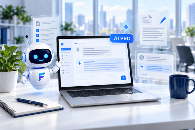 Фирменный робот Freelium рядом с ноутбуком AI PRO и карточками технического задания, отклика и рабочей переписки